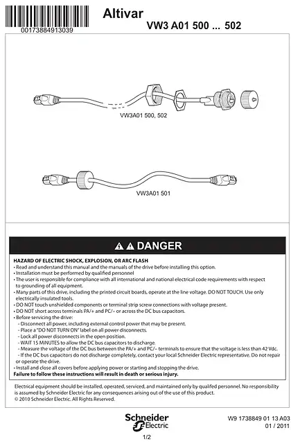 schneider施耐德Instruction sheet - IP55 cable - VW3A01500_ 501_ 502